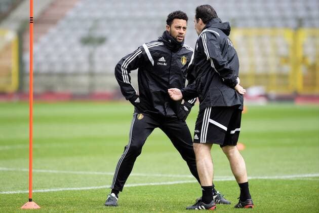 Belgium s Moussa Dembele and Belgium s head coach Marc Wilmots pictured during a training session of the Belgian national soccer team (Nationalteam) Red Devils, Saturday 26 March 2016 in Brussels. The Red Devils will play a friendly game in and against Portugal on 29 March, the match was moved due to safety concerns after the Brussels terrorists attacks. The game is a preparation for the upcoming Euro2016. NICOxVEREECKEN  x04821566x