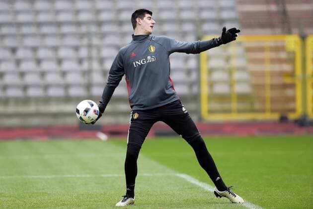 Belgium s goalkeeper Thibaut Courtois pictured during a training session of the Belgian national soccer team (Nationalteam) Red Devils, Saturday 26 March 2016 in Brussels. The Red Devils will play a friendly game in and against Portugal on 29 March, the match was moved due to safety concerns after the Brussels terrorists attacks. The game is a preparation for the upcoming Euro2016. NICOxVEREECKEN  x04821495x