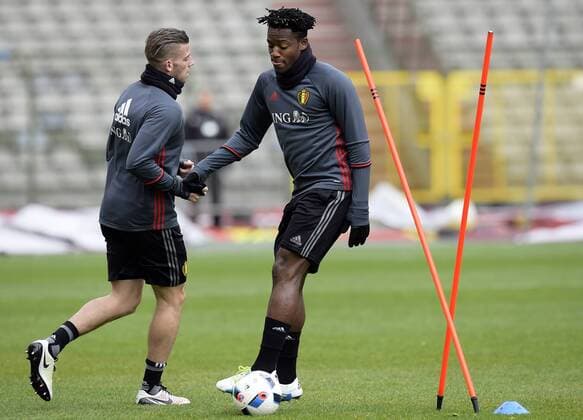 Belgium s Toby Alderweireld and Belgium s Michy Batshuayi pictured during a training session of the Belgian national soccer team (Nationalteam) Red Devils, Saturday 26 March 2016 in Brussels. The Red Devils will play a friendly game in and against Portugal on 29 March, the match was moved due to safety concerns after the Brussels terrorists attacks. The game is a preparation for the upcoming Euro2016. NICOxVEREECKEN  x04821571x