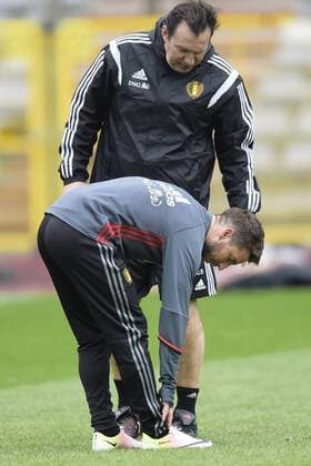 Belgium s Dries Mertens and Belgium s head coach Marc Wilmots a training session of the Belgian national soccer team (Nationalteam) Red Devils, Saturday 26 March 2016 in Brussels. The Red Devils will play a friendly game in and against Portugal on 29 March, the match was moved due to safety concerns after the Brussels terrorists attacks. The game is a preparation for the upcoming Euro2016. NICOxVEREECKEN  x04821482x