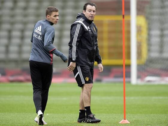 Belgium s Thorgan Hazard and Belgium s head coach Marc Wilmots pictured during a training session of the Belgian national soccer team (Nationalteam) Red Devils, Saturday 26 March 2016 in Brussels. The Red Devils will play a friendly game in and against Portugal on 29 March, the match was moved due to safety concerns after the Brussels terrorists attacks. The game is a preparation for the upcoming Euro2016. NICOxVEREECKEN  x04821519x