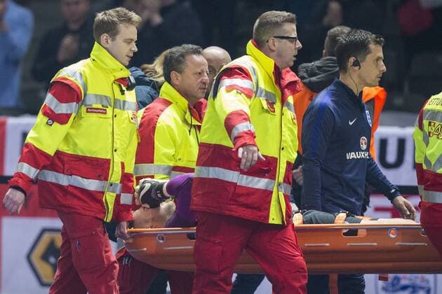 26.03.2016. Olympiastadion Berlin, Berlin, Germany. International Football Friendly Germany versus England. Dejection for England& x2019;s Jack Butland as he is stretchered off with an injury xCraigxMercerx  ActionPlus11722390