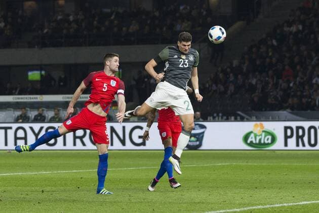 26.03.2016. Olympiastadion Berlin, Berlin, Germany. International Football Friendly Germany versus England. Germany& x2019;s Mario Gomez scores his side s second goal with a header xCraigxMercerx  ActionPlus11722402