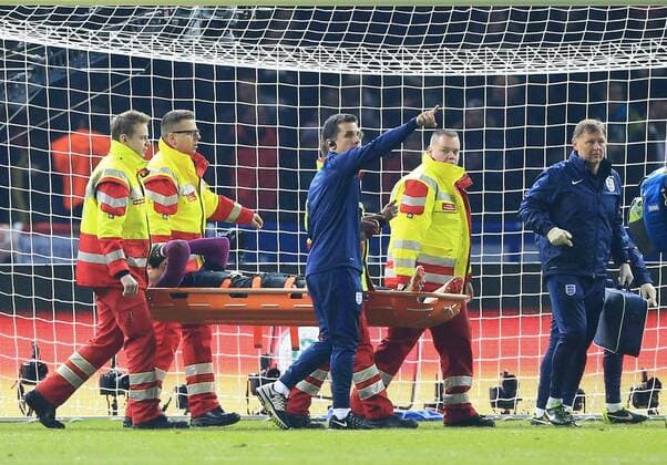 England s Jack Butland gets stretchered off during the International Friendly Länderspiel match at Olympiastadion. Photo credit should read: David Klein Sportimage EDITORIAL USE ONLY. No use with unauthorised audio, video, data, fixture lists, club league logos or live services. Online in-match use limited to 120 images, no video emulation. No use in betting, games or single club league player publications.