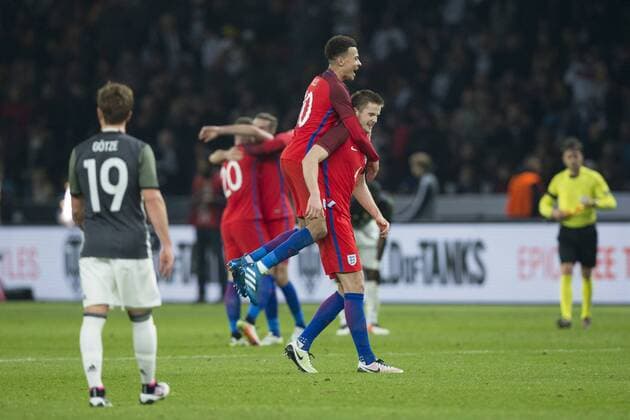 26.03.2016. Olympiastadion Berlin, Berlin, Germany. International Football Friendly Germany versus England. England& x2019;s Dele Alli celebrates with England& x2019;s Eric Dier at full time xCraigxMercerx  ActionPlus11722439