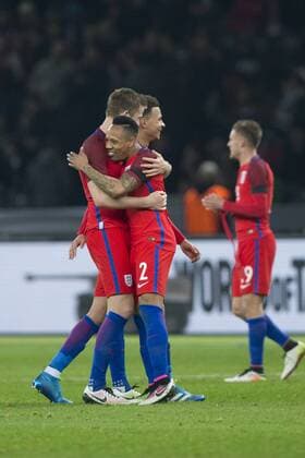 26.03.2016. Olympiastadion Berlin, Berlin, Germany. International Football Friendly Germany versus England. England& x2019;s Nathaniel Clyne celebrates with England& x2019;s Eric Dier at full time xCraigxMercerx  ActionPlus11722442