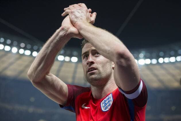 26.03.2016. Olympiastadion Berlin, Berlin, Germany. International Football Friendly Germany versus England. England& x2019;s Gary Cahill applauds the away fans at full time xCraigxMercerx  ActionPlus11722446