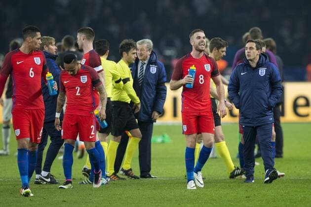 26.03.2016. Olympiastadion Berlin, Berlin, Germany. International Football Friendly Germany versus England. England& x2019;s Jordan Henderson celebrates at full time with Gary Neville xCraigxMercerx  ActionPlus11722447