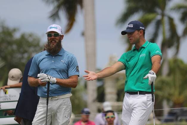 26 March 2016: Graham DeLaet and Luke Guthrie talk before starting the third round of the Puerto Rico Open, in Rio Grande, PR (Photo by Bradley Rex Icon Sportswire) GOLF: MAR 26 PGA Golf Herren - Puerto Rico Open - Third Round Icon16032434 EDITORIAL USE ONLY