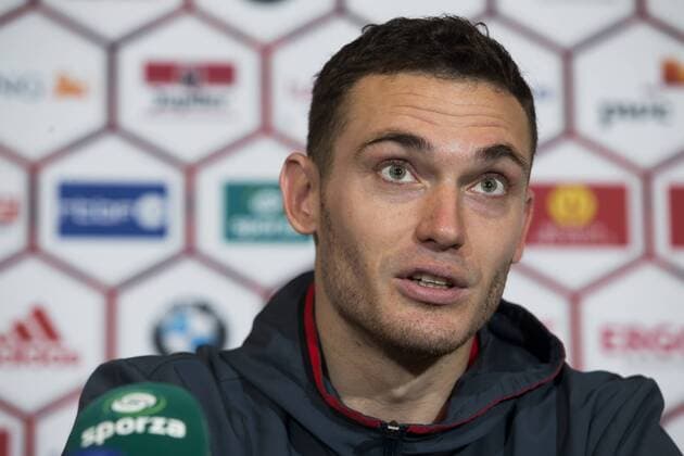 Belgium s Thomas Vermaelen pictured during a press conference PK Pressekonferenz after a training session of the Belgian national soccer team Red Devils, Sunday 27 March 2016 in Brussels. The Red Devils will play a friendly game in and against Portugal on 29 March, the match was moved due to safety concerns after the Brussels terrorists attacks. The game is a preparation for the upcoming Euro2016. KRISTOFxVANxACCOM  x04821727x