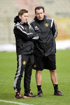Belgium s team doctor Kris Van Crombrugge and Belgium s head coach Marc Wilmots pictured during a training session of the Belgian national soccer team Red Devils, Sunday 27 March 2016 in Brussels. The Red Devils will play a friendly game in and against Portugal on 29 March, the match was moved due to safety concerns after the Brussels terrorists attacks. The game is a preparation for the upcoming Euro2016. NICOxVEREECKEN  x04821766x