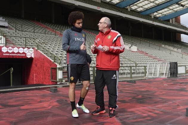 Belgium s Axel Witsel and Belgium s masseur Dirk Nachtergaele pictured during a training session of the Belgian national soccer team Red Devils, Sunday 27 March 2016 in Brussels. The Red Devils will play a friendly game in and against Portugal on 29 March, the match was moved due to safety concerns after the Brussels terrorists attacks. The game is a preparation for the upcoming Euro2016. NICOxVEREECKEN  x04821763x
