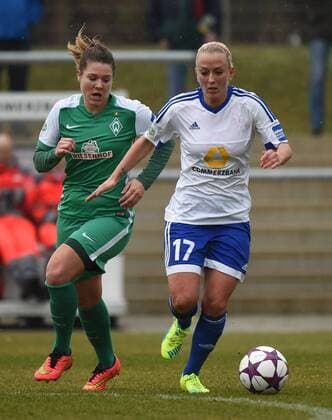27.03.2016, xjhx, Fussball 1.Bundesliga Damen, 1.FFC Frankfurt - SV Werder Bremen, emspor, v.l. Lisa-Marie Scholz (SV Werder Bremen Damen), Mandy Islacker (1.FFC Frankfurt)