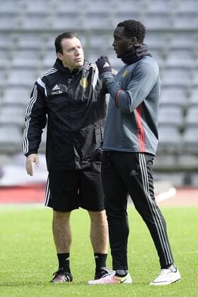 Belgium s head coach Marc Wilmots and Belgium s Romelu Lukaku pictured during a training session of the Belgian national soccer team Red Devils, Sunday 27 March 2016 in Brussels. The Red Devils will play a friendly game in and against Portugal on 29 March, the match was moved due to safety concerns after the Brussels terrorists attacks. The game is a preparation for the upcoming Euro2016. NICOxVEREECKEN  x04821793x
