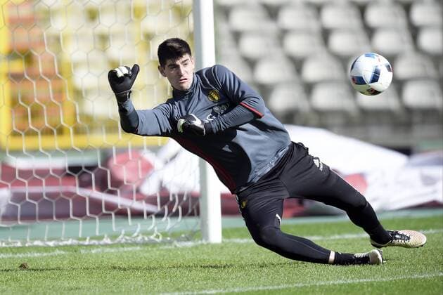 Belgium s goalkeeper Thibaut Courtois pictured during a training session of the Belgian national soccer team Red Devils, Sunday 27 March 2016 in Brussels. The Red Devils will play a friendly game in and against Portugal on 29 March, the match was moved due to safety concerns after the Brussels terrorists attacks. The game is a preparation for the upcoming Euro2016. NICOxVEREECKEN  x04821801x