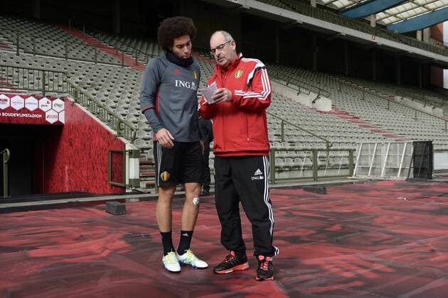 Belgium s Axel Witsel and Belgium s masseur Dirk Nachtergaele pictured during a training session of the Belgian national soccer team Red Devils, Sunday 27 March 2016 in Brussels. The Red Devils will play a friendly game in and against Portugal on 29 March, the match was moved due to safety concerns after the Brussels terrorists attacks. The game is a preparation for the upcoming Euro2016. NICOxVEREECKEN  x04821819x