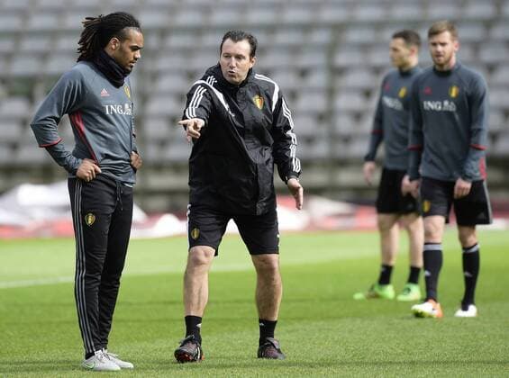 Belgium s Jason Denayer and Belgium s head coach Marc Wilmots pictured during a training session of the Belgian national soccer team Red Devils, Sunday 27 March 2016 in Brussels. The Red Devils will play a friendly game in and against Portugal on 29 March, the match was moved due to safety concerns after the Brussels terrorists attacks. The game is a preparation for the upcoming Euro2016. NICOxVEREECKEN  x04821786x