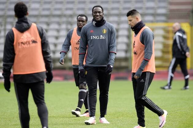 Lukaku Romelu forward of Belgium and Lukaku Jordan defender of Belgium pictured FOOTBALL : Belgique - Entrainement et conference de presse - Bruxelles - 27 03 2016 Photonews Panoramic 