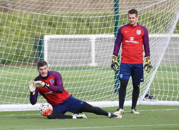 England s Fraser Forster and Tom Heaton in action during training at the Tottenham Hotspur Training Centre. Photo credit should read: David Klein Sportimage EDITORIAL USE ONLY. No use with unauthorised audio, video, data, fixture lists, club league logos or live services. Online in-match use limited to 120 images, no video emulation. No use in betting, games or single club league player publications.