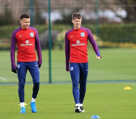 England s Dele Alli and John Stones during training at the Tottenham Hotspur Training Centre. Photo credit should read: David Klein Sportimage EDITORIAL USE ONLY. No use with unauthorised audio, video, data, fixture lists, club league logos or live services. Online in-match use limited to 120 images, no video emulation. No use in betting, games or single club league player publications.