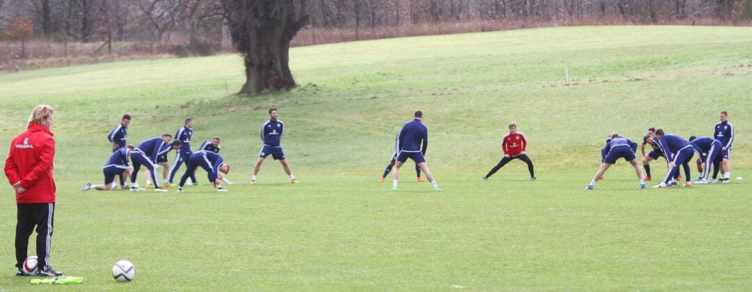 FuÃŸball, Training Nationalteam Schottland 28.03.2016. Mar Hall, Glasgow, Scotland. International Football Scotland Training and Media Event ahead of their game versus Denmark on 29th March. Stuart McCall watches as the players continue their warm up xGeorgariouxVagelisx  ActionPlus11723032