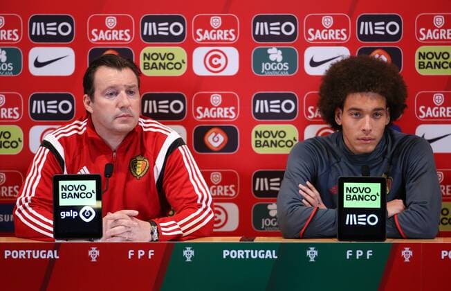 Belgium s head coach Marc Wilmots and Belgium s Axel Witsel pictured during a press conference PK Pressekonferenz of the Belgian national soccer team Red Devils in Leiria, Portugal, Monday 28 March 2016. The Red Devils will play a friendly game in and against Portugal on 29 March, the match was moved due to safety concerns after the Brussels terrorists attacks. The game is a preparation for the upcoming Euro2016. VIRGINIExLEFOUR  x04822435x