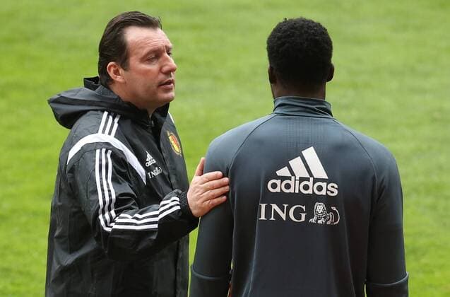 Belgium s head coach Marc Wilmots and Belgium s Romelu Lukaku pictured during a training session of the Belgian national soccer team Red Devils in Leiria, Portugal, Monday 28 March 2016. The Red Devils will play a friendly game in and against Portugal on 29 March, the match was moved due to safety concerns after the Brussels terrorists attacks. The game is a preparation for the upcoming Euro2016. VIRGINIExLEFOUR  x04822478x