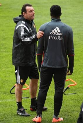 Belgium s head coach Marc Wilmots and Belgium s Romelu Lukaku pictured during a training session of the Belgian national soccer team Red Devils in Leiria, Portugal, Monday 28 March 2016. The Red Devils will play a friendly game in and against Portugal on 29 March, the match was moved due to safety concerns after the Brussels terrorists attacks. The game is a preparation for the upcoming Euro2016. VIRGINIExLEFOUR  x04822479x