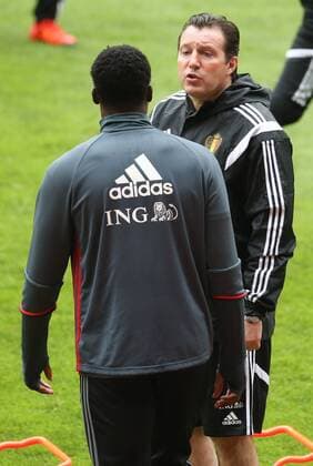 Belgium s Romelu Lukaku and Belgium s head coach Marc Wilmots pictured during a training session of the Belgian national soccer team Red Devils in Leiria, Portugal, Monday 28 March 2016. The Red Devils will play a friendly game in and against Portugal on 29 March, the match was moved due to safety concerns after the Brussels terrorists attacks. The game is a preparation for the upcoming Euro2016. VIRGINIExLEFOUR  x04822480x