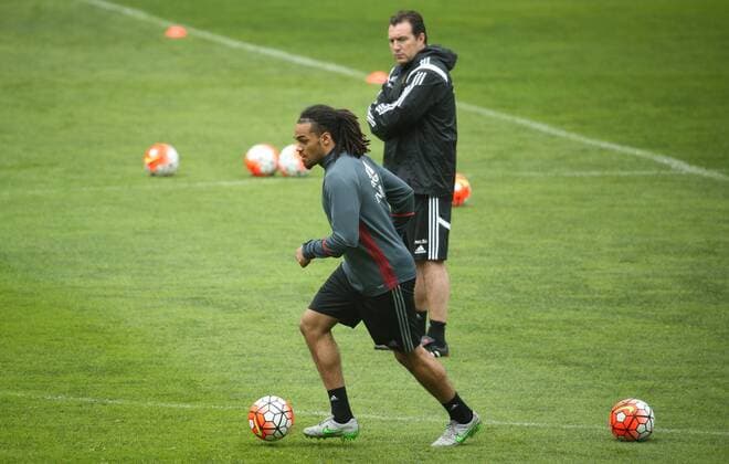 Belgium s Jason Denayer and Belgium s head coach Marc Wilmots pictured during a training session of the Belgian national soccer team Red Devils in Leiria, Portugal, Monday 28 March 2016. The Red Devils will play a friendly game in and against Portugal on 29 March, the match was moved due to safety concerns after the Brussels terrorists attacks. The game is a preparation for the upcoming Euro2016. VIRGINIExLEFOUR  x04822528x