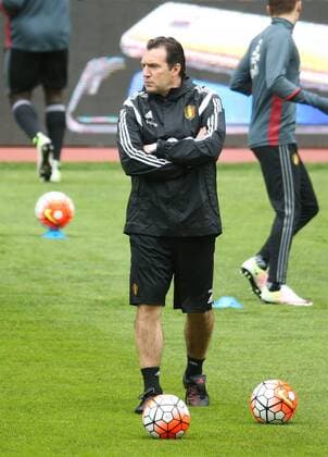 Belgium s head coach Marc Wilmots pictured during a training session of the Belgian national soccer team Red Devils in Leiria, Portugal, Monday 28 March 2016. The Red Devils will play a friendly game in and against Portugal on 29 March, the match was moved due to safety concerns after the Brussels terrorists attacks. The game is a preparation for the upcoming Euro2016. VIRGINIExLEFOUR  x04822574x