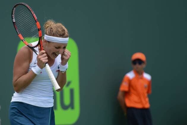 March 28, 2016 - Miami, Florida, United States - TIMEA BACSINSZKY of Switzerland celebrates winning her match vs. A. Radwanska at the Miami Open Tennis 2016 - Miami Open - Day 8 - ZUMAl132