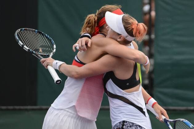 March 28, 2016 - Miami, Florida, United States - LUCIE SAFAROVA (left) and BETHANIE MATTEK-SANDS celebrate winning their doubles match vs. Vesnina Kasatkina at the Miami Open Tennis 2016 - Miami Open - Day 8 - ZUMAl132