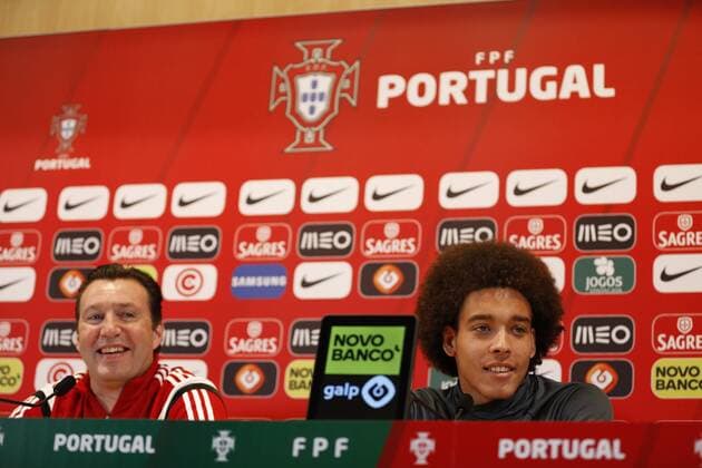 Axel Witsel of Belgium and Marc Wilmots, headcoach of Belgium during the press conference PK Pressekonferenz FOOTBALL : Belgique - Entrainement et conference de presse - Leiria - 28 03 2016 Photonews Panoramic 