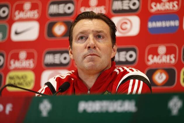 Axel Witsel of Belgium and Marc Wilmots, headcoach of Belgium during the press conference PK Pressekonferenz FOOTBALL : Belgique - Entrainement et conference de presse - Leiria - 28 03 2016 Photonews Panoramic 