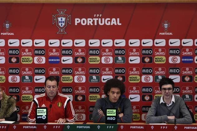 Marc Wilmots head coach of Red Devils and Axel Witsel pictured during the press conference PK Pressekonferenz FOOTBALL : Belgique - Entrainement et conference de presse - Leiria - 28 03 2016 Photonews Panoramic 