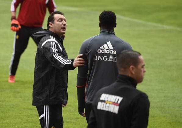Fußball, Training Nationalteam Belgien in Leiria Romelu Lukaku and Marc Wilmots pictured during the practice session t FOOTBALL : Belgique - Entrainement et conference de presse - Leiria - 28 03 2016 Photonews Panoramic 