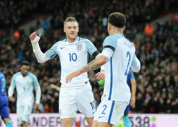 29.03.2016. Wembley Stadium, London, England. International Football Friendly England versus Netherlands. England Forward Jamie Vardy scores England s first past Netherlands Goalkeeper Jeroen Zoet and celebrates with England Defender Kyle Walker , 1-0 England xMarkxKertonx  ActionPlus11723322