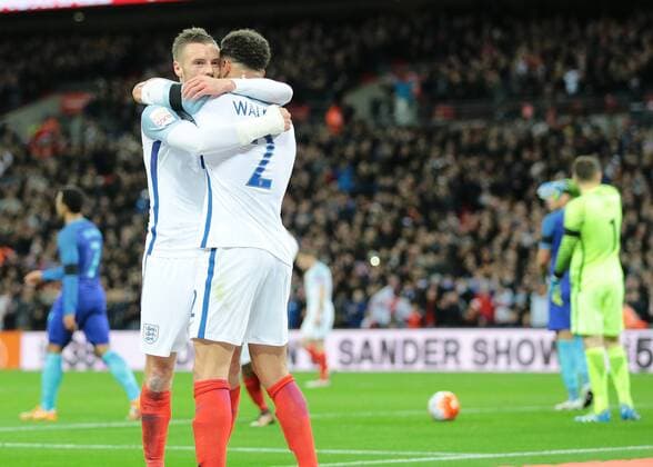 29.03.2016. Wembley Stadium, London, England. International Football Friendly England versus Netherlands. England Forward Jamie Vardy scores England s first past Netherlands Goalkeeper Jeroen Zoet and celebrates with England Defender Kyle Walker , 1-0 England xMarkxKertonx  ActionPlus11723323