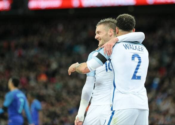 29.03.2016. Wembley Stadium, London, England. International Football Friendly England versus Netherlands. England Forward Jamie Vardy scores England s first past Netherlands Goalkeeper Jeroen Zoet and celebrates with England Defender Kyle Walker , 1-0 England xMarkxKertonx  ActionPlus11723324