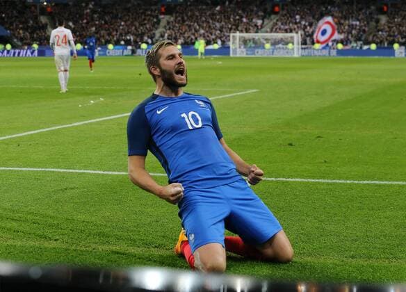 SAINT-DENIS, FRANCE. MARCH 29, 2016. France s Andre-Pierre Gignac celebrates scoring in a friendly football match against Russia at the Stade de France. Alexander Demianchuk TASS  TS01DDFB