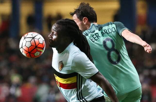 Belgium s Jordan Lukaku and Portugal s Bernardo Silva fight for the ball during a soccer game between the Portugal national team Nationalteam and the Belgian Red Devils in Leiria, Portugal, Tuesday 29 March 2016, a preparation for the upcoming Euro2016 tournament. The match was moved due to safety concerns after the Brussels terrorists attacks. VIRGINIExLEFOUR  x04823105x
