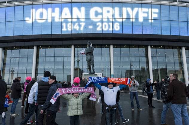 Fußball, Länderspiel, England - Niederlande, Gedenken an Johan Cruyff March 29, 2016 - London, UK - London, UK. Ahead of the friendly match between England and the Netherlands, Wembley Stadium pays tribute to the Dutch football legend, Johan Cruyff, who passed away from cancer recently. Johan Cruyff tribute at Wembley Stadium  - ZUMAl94_