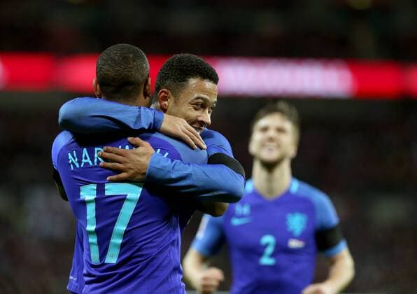LONDON, March 29, 2016 -- Luciano Marsingh of the Netherlands (L) celebrates after scoring with his teammate during the International Friendly Länderspiel Nationalteam Match between England and the Netherlands at Wembley Stadium in London, Britain, on March 29, 2016. England lost 1-2. ) (SP)BRITAIN-LONDON-SOCCER-FRIENDLY MATCH-ENGLAND VS NETHERLANDS HanxYan 