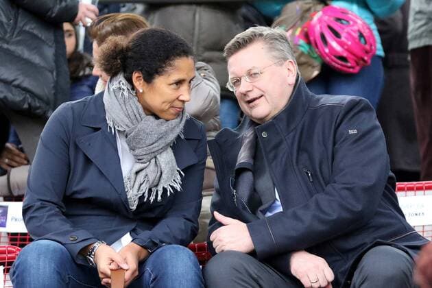 30.03.2016 Frankfurt, Relaxa Hotel Champions League-Spiel FFC Frankfurt gegen FC Rosengard (SWE) Steffi Jones DFB und DFB-Schatzmeister Reinhard Grindel