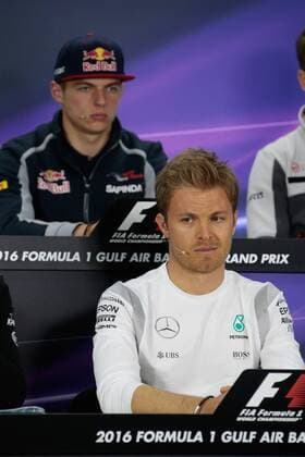 FORMULA 1 - Bahrain GP SAKHIR,BAHRAIN,31.MAR.16 - MOTORSPORTS, FORMULA 1 - FIA World Championship WM Weltmeisterschaft Grand Prix of Bahrain, Bahrain International Circuit, preview, press conference PK Pressekonferenz Image shows Nico Rosberg (GER Mercedes GP) and Max Verstappen (NED Scuderia Toro Rosso). GEPAxpictures xFritzxMueller