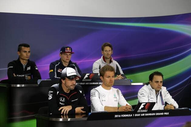 Bahrain Grand Prix, Sakhir 31 March - 03 April 2016 31.03.2016 - press conference PK Pressekonferenz (UP) Pascal Wehrlein (GER) Manor Racing MRT05, Max Verstappen (NED) Scuderia Toro Rosso STR11, Romain Grosjean (FRA) Haas F1 Team VF-16, Fernando Alonso (ESP) McLaren Honda MP4-31, Nico Rosberg (GER) Mercedes AMG F1 W07 Hybrid and Felipe Massa (BRA) Williams FW38 