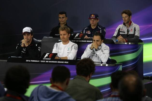 Bahrain Grand Prix, Sakhir 31 March - 03 April 2016 31.03.2016 - press conference PK Pressekonferenz (UP) Pascal Wehrlein (GER) Manor Racing MRT05, Max Verstappen (NED) Scuderia Toro Rosso STR11, Romain Grosjean (FRA) Haas F1 Team VF-16, Fernando Alonso (ESP) McLaren Honda MP4-31, Nico Rosberg (GER) Mercedes AMG F1 W07 Hybrid and Felipe Massa (BRA) Williams FW38 