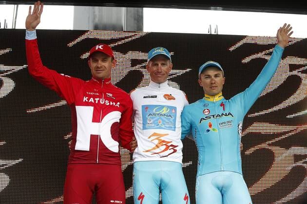 Winner WESTRA Lieuwe (NED) Rider of ASTANA PRO TEAM with second KRISTOFF Alexander (NOR) Rider of TEAM KATUSHA, and third LUTSENKO Alexey (KAZ) Rider of ASTANA PRO TEAM pictured at the podium CYCLISME : Trois jours de La Panne - Etape 3 - La Panne La Panne - 31 03 2016 Photonews Panoramic 