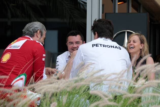 FORMULA 1 - Bahrain GP SAKHIR,BAHRAIN,01.APR.16 - MOTORSPORTS, FORMULA 1 - FIA World Championship WM Weltmeisterschaft Grand Prix of Bahrain, Bahrain International Circuit, free practice. Image shows team principal Maurizio Arrivabene (Ferrari), team principal Eric Boullier (McLaren Honda), executive director Toto Wolff (Mercedes GP) and Susie Wolff. GEPAxpictures xFritzxMueller